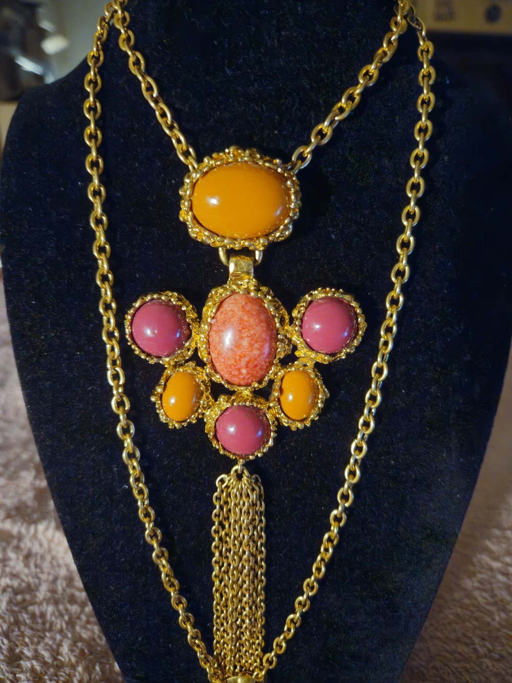 Chico's Gold-Tone Pink & Orange Cabochon Pendant Necklace
